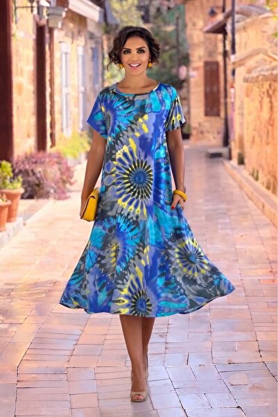 Nevin Kaya Moda Round Neck Navy Blue Ethnic Patterned Dress
