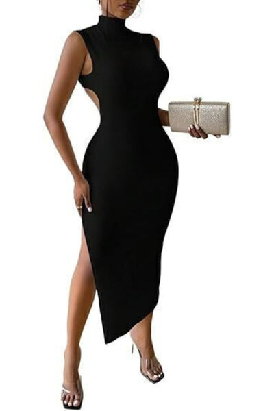 Woman's Fashion Μίντι βραδινό φόρεμα με σκίσιμο, μαύρο