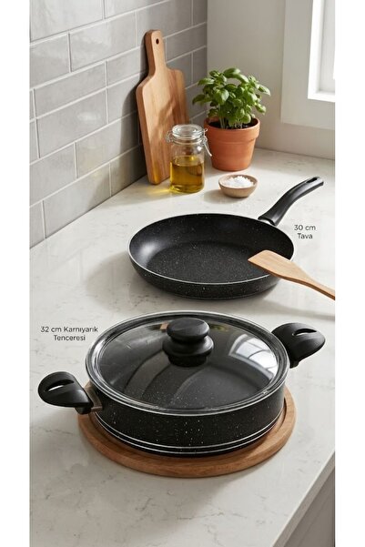 Bonera Montella Vivo Granite Pot and Pan Set 3 Pieces (30-32cm) - with Glass Lid