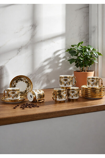CEZVE HOME Gold Detailed Patterned Porcelain Coffee Cup Set for 6 People