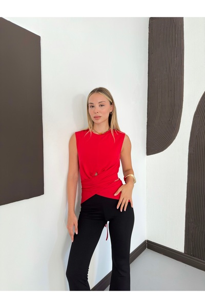 MODAMERSİ Women's Red Sleeveless Blouse with Waist Tie Detail