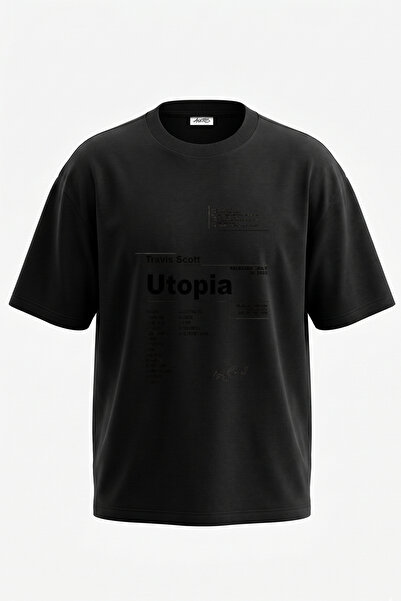 Anetos تي شيرت أسود كبير الحجم مطبوع بتصميم Utopia_6 من ترافيس سكوت للجنسين