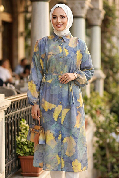 N.S NEVA STYLE Shirt Collar Abstract Patterned Indigo Blue Hijab Tunic 95725Im