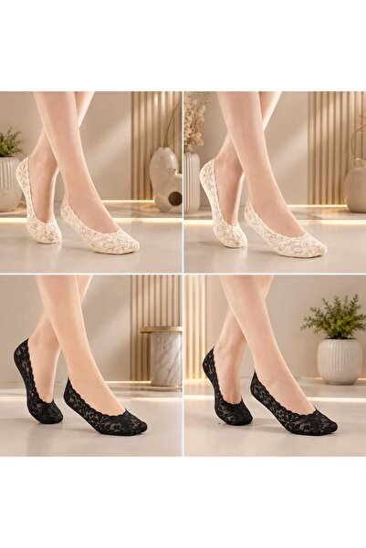 VitaMood Yaşam Women's Lace Ballerina Socks Set of 4 - Black, Cream - Non-Sli...