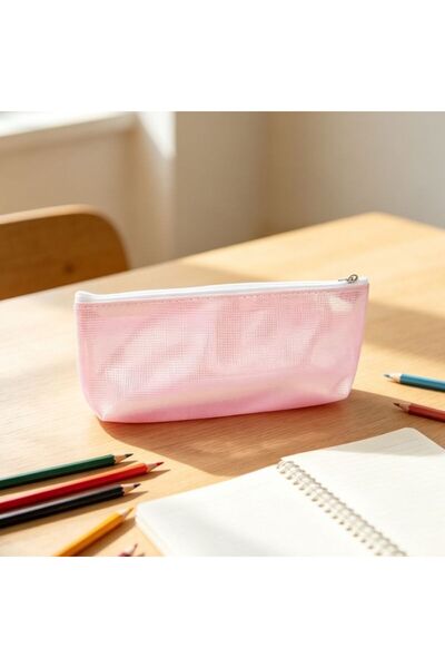 idei Portpix Trapezoidal Transparent Roz Pastel Plasă Fină cu Fermoar Alb, Hu...