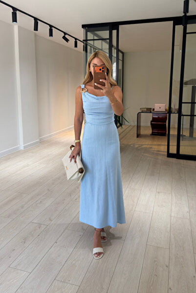 Sezgi Tekin Draped Baby Blue Linen Dress with Shoulder Accessory Detail