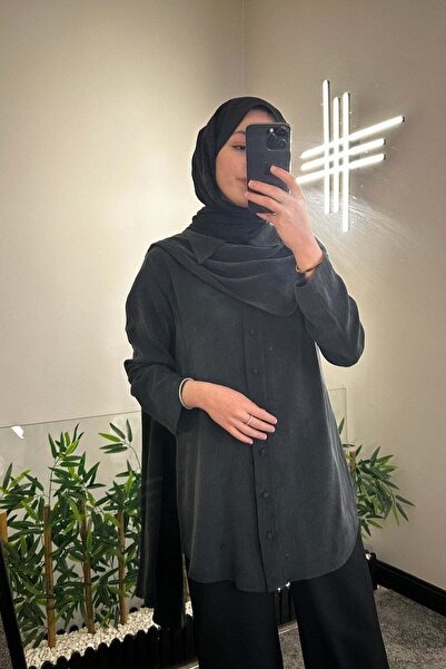 Hilay Motty Şal Detaylı Lyocell Gömlek SİYAH