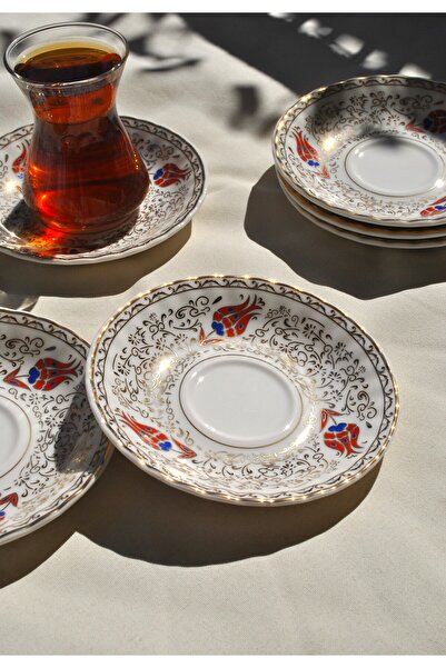 Qualitev 6-Piece Porcelain Tea Plate Set with Gold Engraving Red Tulip Gold 1...