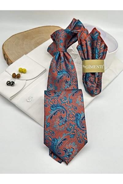Gutiero Classic Tie with Orange Paisley Patterned Handkerchief