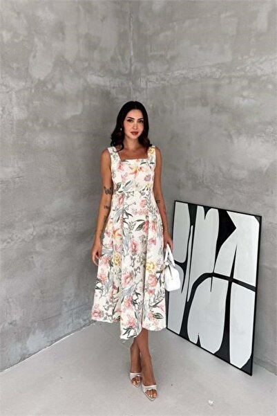 Dipmoda Women's Ecru Square Neck Floral Print Sleeveless Fitted Waist Midi Dr...