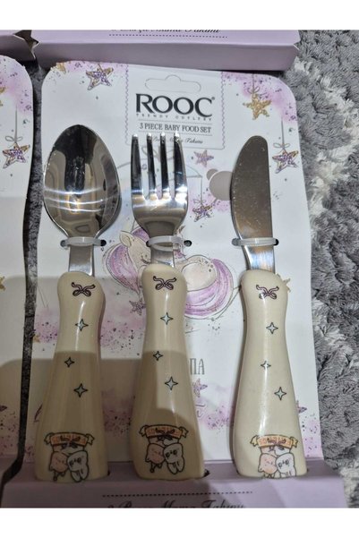 ROOC 3 PARÇA FİGÜRLÜ BEBEK ÇELİK MAMA TAKIMI KAŞIK+ÇATAL+BIÇAK KREM