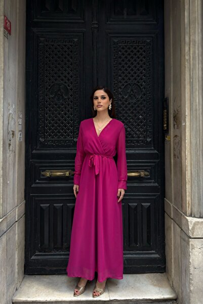 MyLoore Women's Plum Belted Double Breasted Collar Maxi Chiffon Dress Mlb210