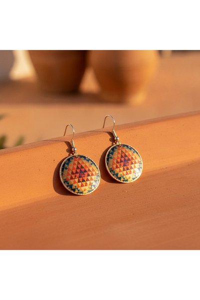 Erol Bakır Copper Multicolor Triangle Rug Pattern Dangle Earrings