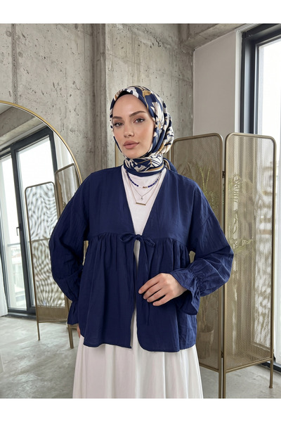 Foremia Roba Gathered Sleeve Elastic Tunic-Navy Blue