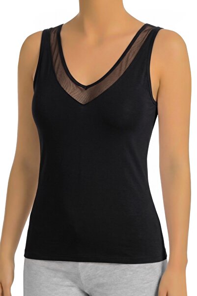 Öts Tricou de damă din viscoză, cu bretele groase, transparent, cu decolteu î...