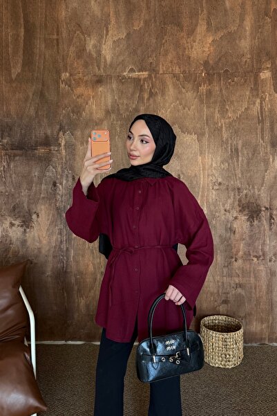 HYWONA Women's 100% Cotton Muslin Oversize Hijab Shirt Tunic Burgundy