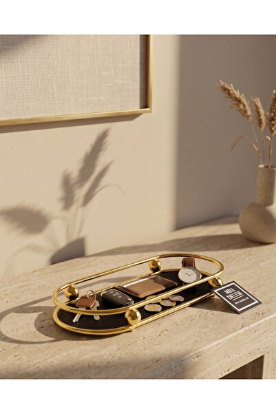mba decor metal bending art Noir Dekoratif Organizer Tepsi Gold Metal Çerçeveli Siyah Yüzey 21 x 10 x 3 cm