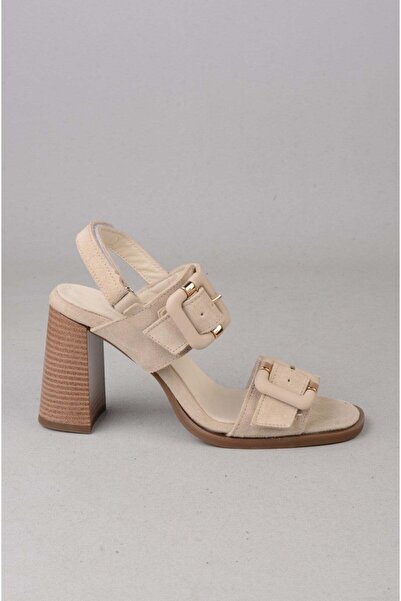 SEÇ KUNDURA Seç 4177 Genuine Leather Heeled Sandals (Heel: 8 cm) Beige Suede