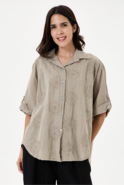 della moor Women's Mink Italian Floral Embroidered Scalloped Oversize Poplin ...