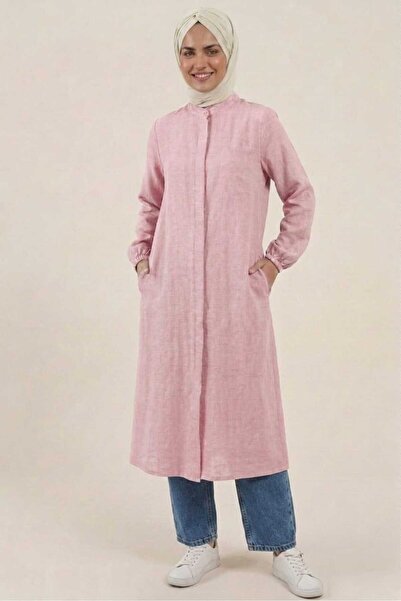 PORİENTO Light Pink 100% Cotton Muslin Fabric Zippered Long Hijab Women's Tun...