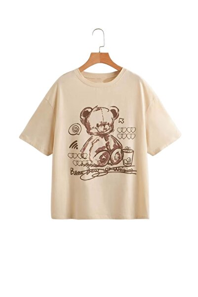 ZİYMO Women's Bear Printed Oversized T-Shirt