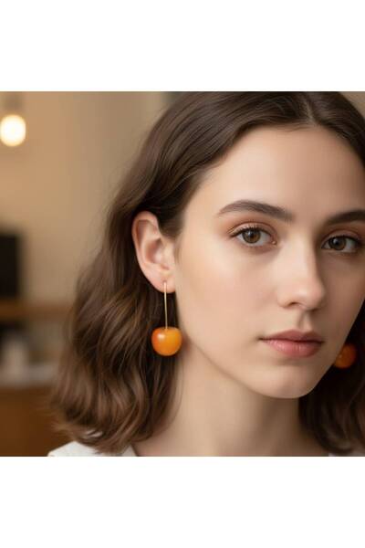 sedoshhomevision Orange Glass Cherry Figured Stainless Steel Earrings 5 cm