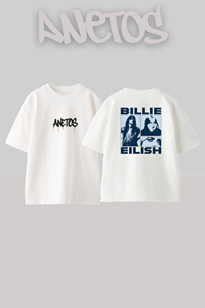 Anetos Billie Eilish_55 Λευκό μπλουζάκι με τυπωμένο σχέδιο Unisex Oversize