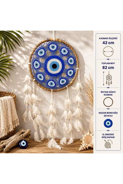 SultanofAura 42 cm Nazar Boncuklu Düş Kapanı El Yapımı Makrome Duvar Süsü – B...