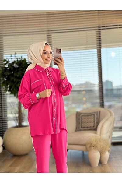 ALANURMODA 22491 بدلة بات إنسي مزينة بأزرار وتفاصيل مطرزة باللون الفوشيا