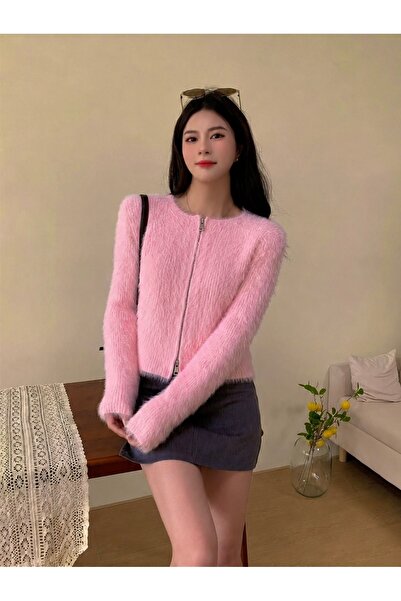 NATUFIAN STORE Women's Fuzzy Soft Double Zipper Basic Knitwear Cardigan