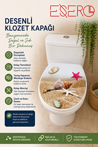 ESERO Desenli Duroplast Klozet Kapağı Soft Close Yavaş Kapanan Kolay Montaj D...