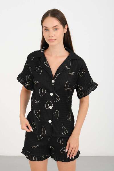 C&City Bürümcük Textured Buttoned Shorts Set Black