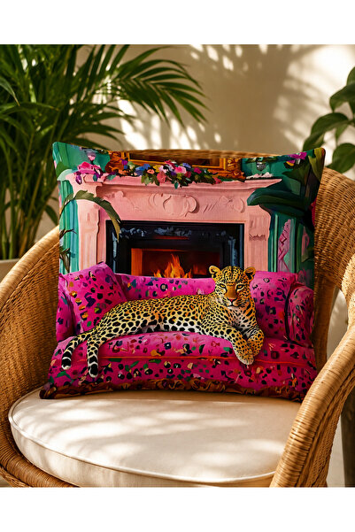 decoarstr Renkli Leopar Şömine Desenli Dekoratif Kırlent Kılıfı 43x43 cm