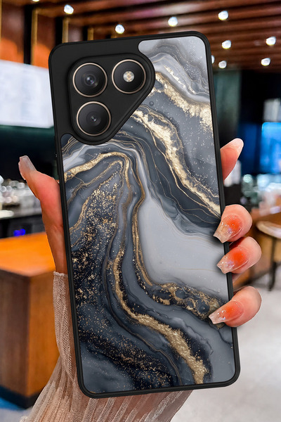 TECNO Pova 7 Uyumlu Altın Damar Mermer Desenli Parlak Baskılı Kamera Korumalı...