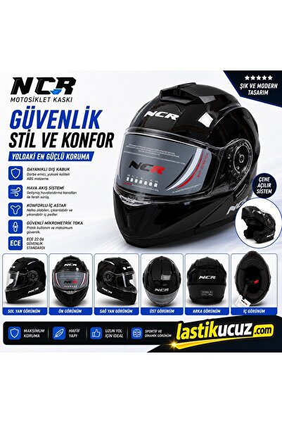 NCR -160E ÇENE AÇILIR GÖZLÜKLÜ E-CE BELGELİ KASK PARLAK SİYAH