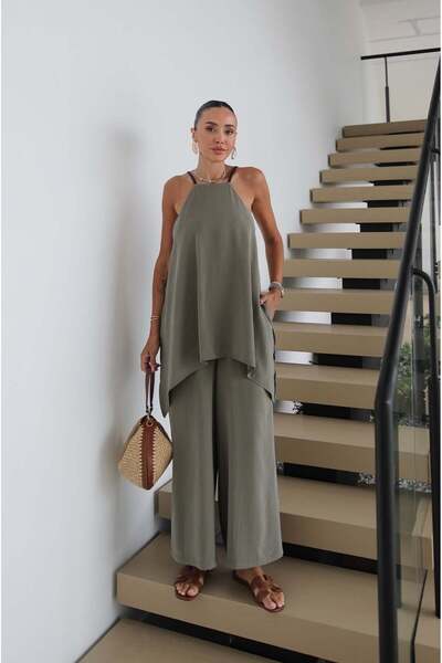 Havoş Khaki Leather Strap Jumpsuit with Shawl Detail