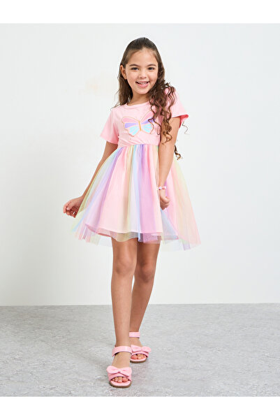 Styli Girls Butterfly Print Layered Mesh Dress