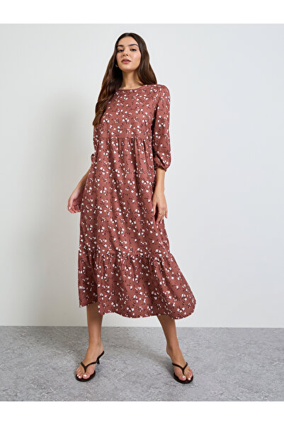Take Two By Styli Brown Ditsy Print A-Line Midi Dress