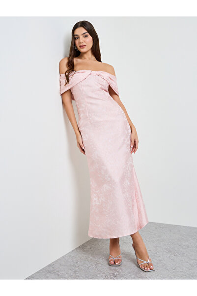 Take Two By Styli Pink Off Shoulder Jacquard Maxi Dress