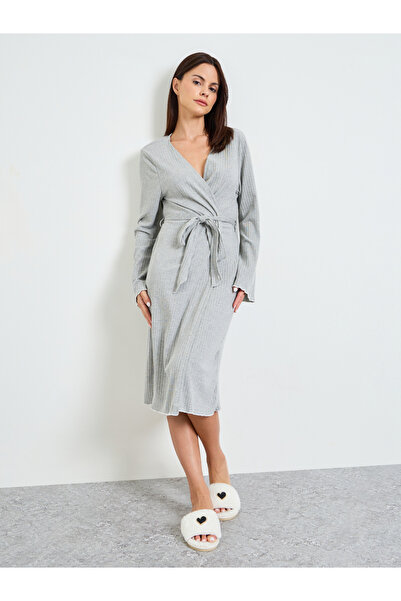 Styli Grey Textured Contrast Detail Belted Robe
