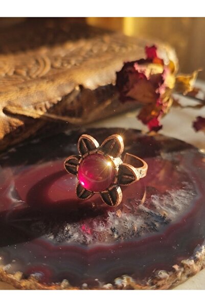 Meneva Aksesuar Pink Cat's Eye Stone Handcrafted Copper Framed Flower Design ...
