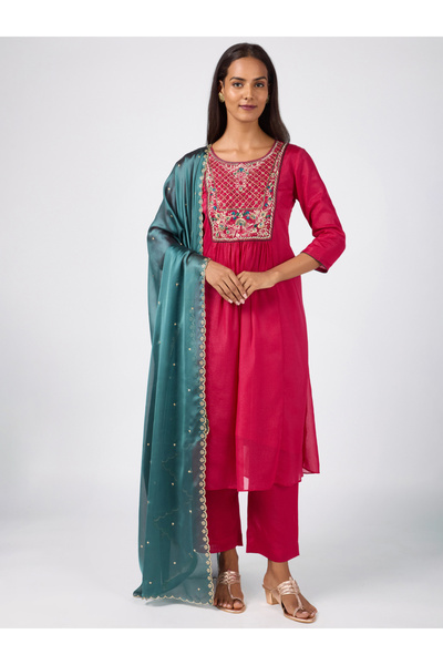 Silver Lime By Styli Pink A-Line Yoke Embroidery Kurta, Pants and Contrast Du...