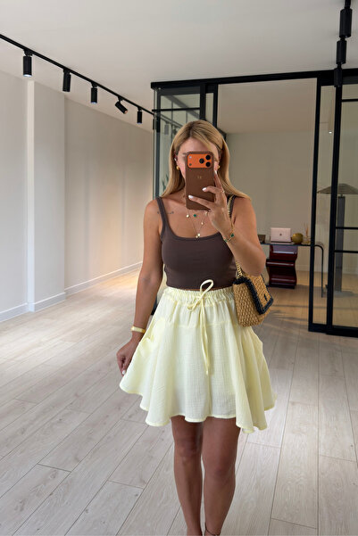 Sezgi Tekin Asymmetrical Cut Yellow Muslin Short Skirt with Flounces