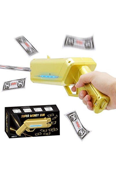 OEM Pistol Lansator de Bani, Money Gun, auriu, ce lumina led albastra,18x8x16cm, Set Banknote