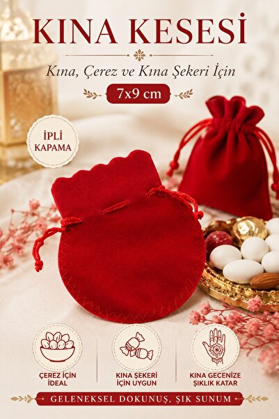Emtory Home Kadife Kırmızı Kına Kesesi 7x9 cm İpli Hediyelik 5 Adet - Kına Ke...