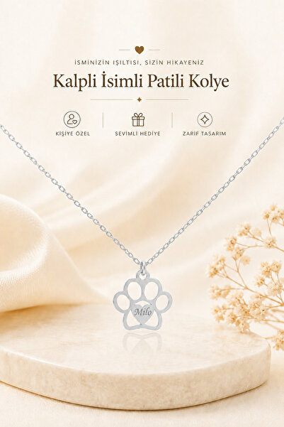 emirOmade 925 Ayar Gümüş Kişiye Özel Kalpli Patili İsimli Kolye Gümüş Rengi K...