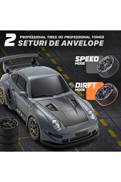 DrKala Mașină RC Drift 4WD cu telecomandă, Scară 1:20, Tip Porsche 911 GTS, 20 km/h, 2.4GHz, 2 seturi de anvelope pentru drift și curse, Baterie reîncărcabilă, Obstacole incluse, Gri metalic