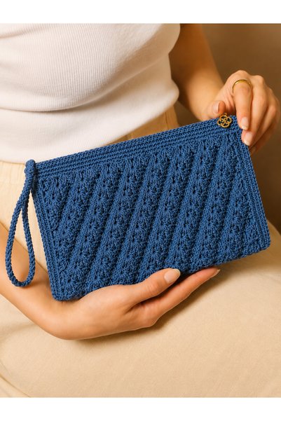 VELORA Petrol Blue Hand Knitted Paper Thread Women's Clutch Bag