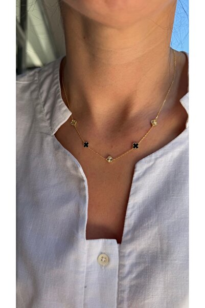 Tep's Jewellery Çoklu gümüş siyah sedefli mini yonca kolye