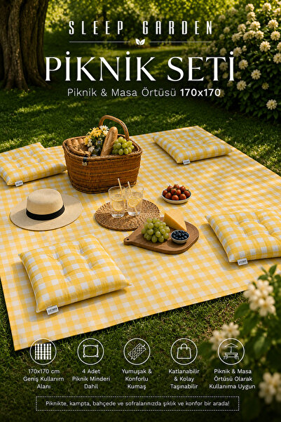 Sleep Garden Pötikare Piknik Örtüsü 170*170 4 Adet Sarı Piknik Minderi 45x45 ...